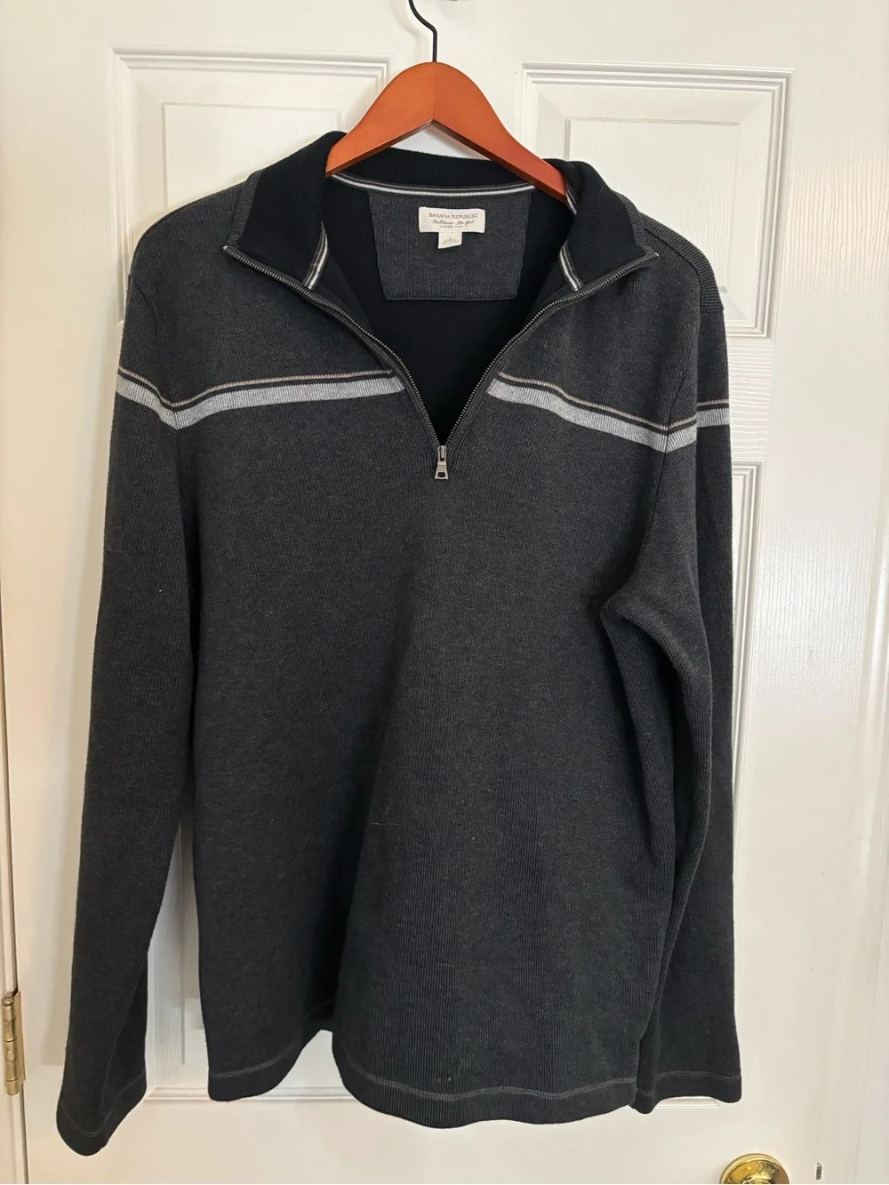 Banana Republic Charcoal Gray Half-Zip Sweater with Light Gray Stripe